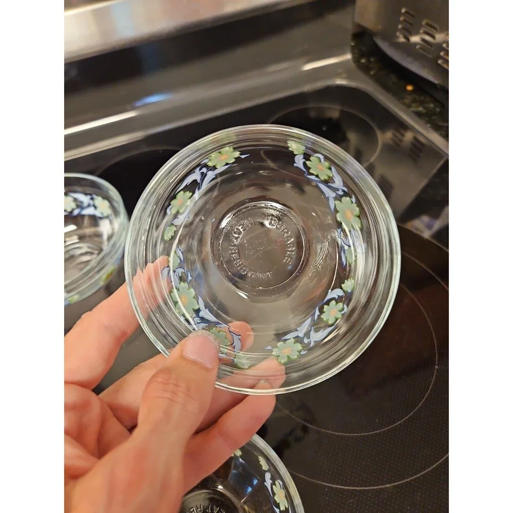 Set Of 4 Imperial Glass Green Sunflower Blue Leaves Nesting Bowls EUC